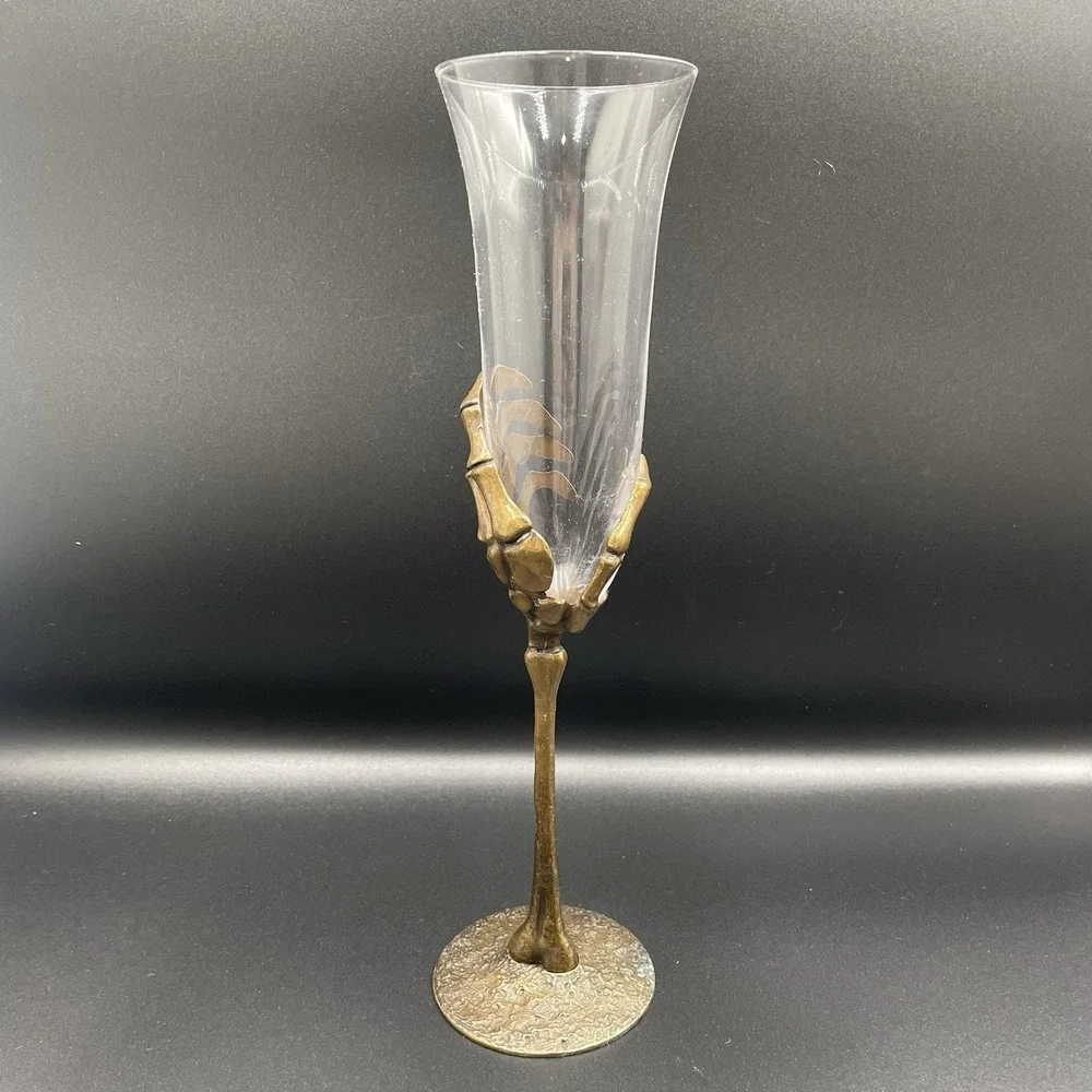 Skeleton Hand Fluted Champagne Glass‎ Gold Metal Base Clear Glass Halloween